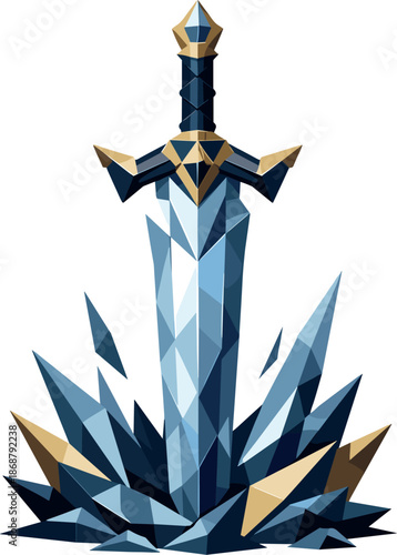 Epic Fantasy Sword. Low-poly vector illustration of an epic fantasy sword representing valor and destiny, polygonal geometric
