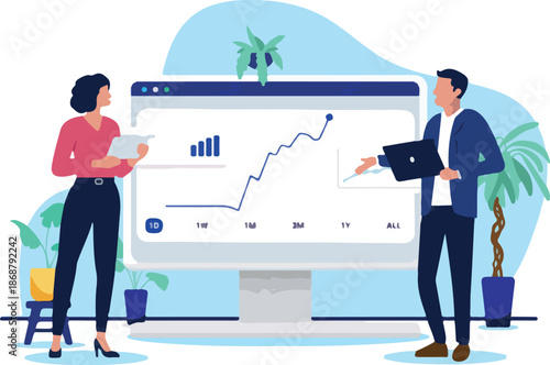 Two business professionals analysing a financial chart showing growth on a large computer screen, representing market trends, investment performance, or sales data. Flat design vector illustration
