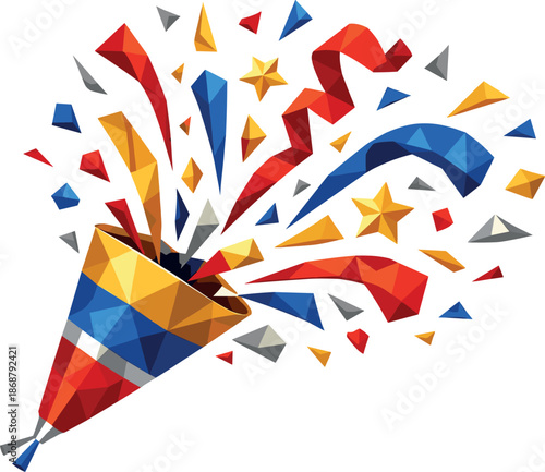 Festive Confetti Burst. Low-poly vector illustration of a festive party popper bursting with confetti symbolizing joy, party