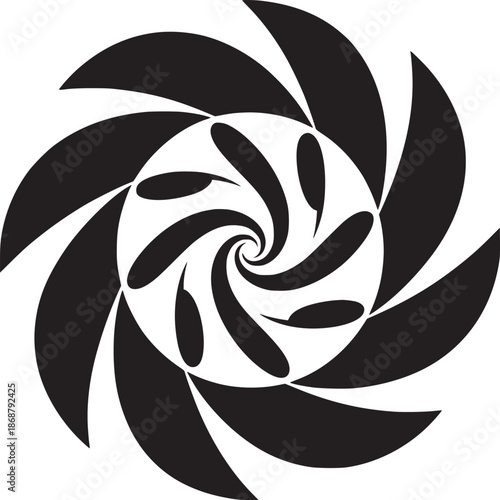 A black and white vortex design featuring curved shapes spiraling towards the center point of the image