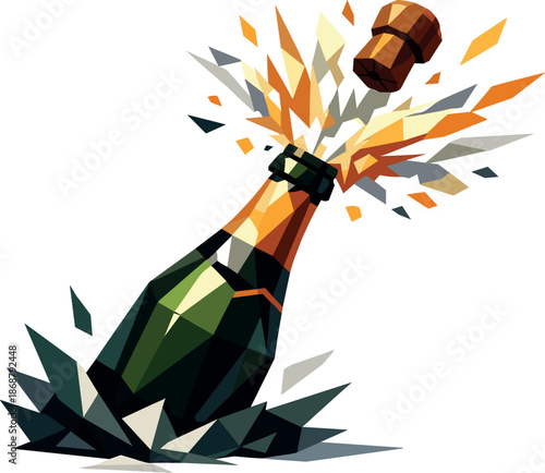 Celebratory Champagne Explosion. Low-poly vector illustration of a champagne bottle opening with powerful spray symbolizing