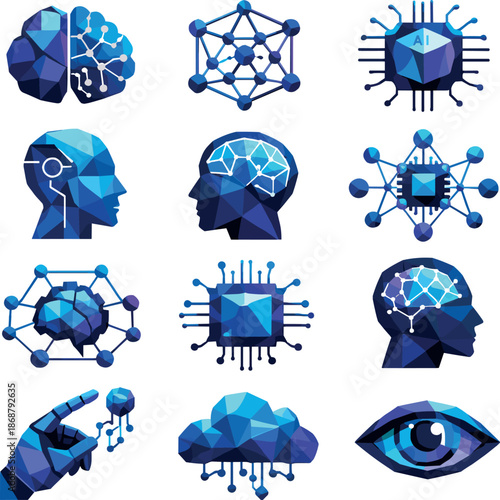 AI Icon Set. Artificial Intelligence Low-Poly Vector Icon Set, AI brains, neural networks, computer chips. Low-poly vector icon