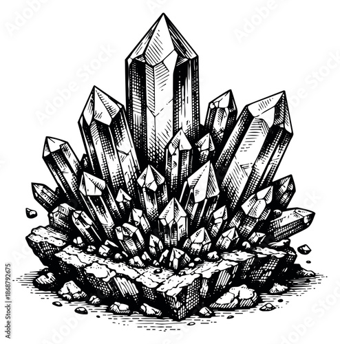 Hand drawn line art illustration of a crystal cluster depicting a natural formation for geological and fantasy designs