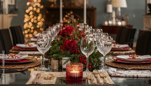Holiday Dinner Setup With Candles and Decorations in Living Room During Festi...
