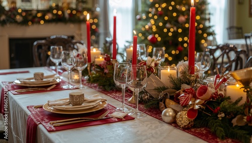 Holiday Dinner Setup With Candles and Decorations in Living Room During Festi...