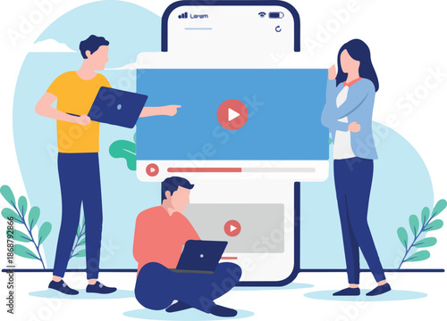 People working on business video content - Three people in marketing department working on computers with social media and advertisement. Flat design vector illustration with white background.