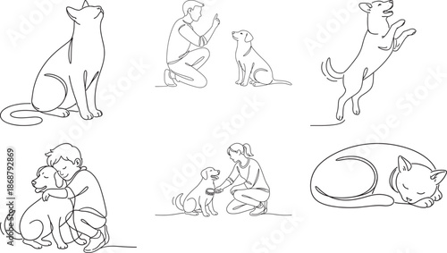 line drawings of cats and dogs with people  pets and owners
