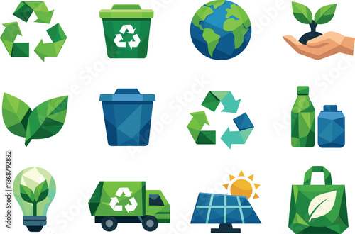 Recyclable Icon Set. Recycling Low-Poly Vector Icon Set, recycle symbols, trash bins, leaves, sustainable lifestyle. Low-poly