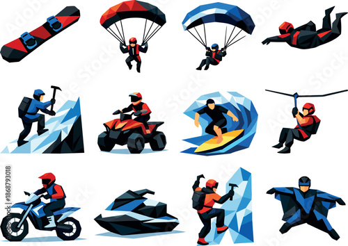 Extreme Sports Icons. Extreme Sports Low-Poly Vector Icon Set, snowboards, parachutes, surfing, adrenaline outdoor activities. Low