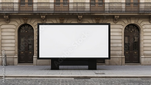 Empty Billboard Stands in Front of Historic Building on a City Street During ...