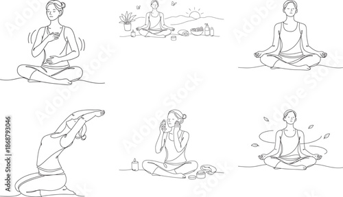 line drawing of people practicing yoga and meditation