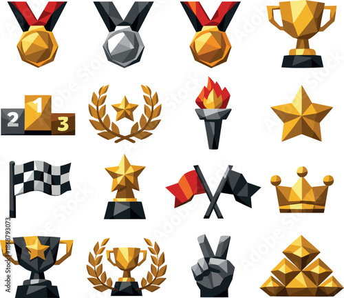Sports Achievement Icon Set. professional low-poly vector icon set dedicated to sports victories and competitive achievements,
