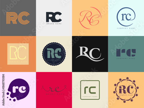 RC logo company template. Letter r and c logotype. Set different classic serif lettering and modern bold text with design elements. Initial font typography.