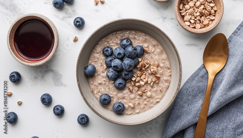 Healthy Breakfast Featuring Oatmeal With Blueberries on a Wooden Table