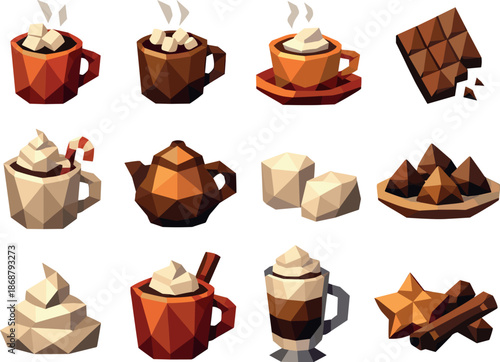 Low-Poly Hot Chocolate Icons. Low-poly vector icon set of hot chocolate illustrated in sharp geometric polygonal style with
