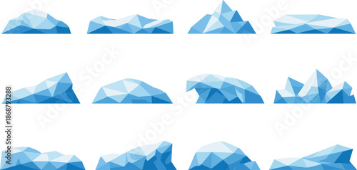 Low-Poly Snowdrift Icons. Low-poly vector icon set of snowdrifts formed by winter snowbanks in sharp geometric polygonal style