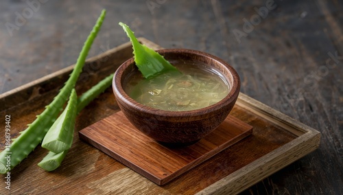 Fresh Aloe Vera Leaves and Gel Served on a Wooden Tray in a Simple Kitchen Se...