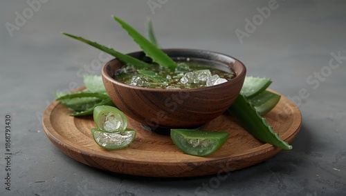 Fresh Aloe Vera Leaves and Slices in a Wooden Bowl on a Table With Rustic Design