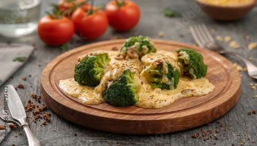 Broccoli Served With Creamy Sauce and Cheese on a Wooden Cutting Board