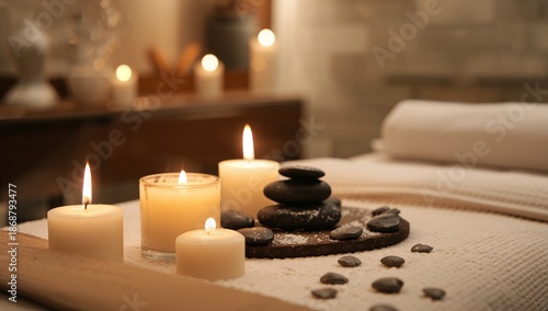 Candles and Stones Arranged on a Table in a Spa Setting During the Evening