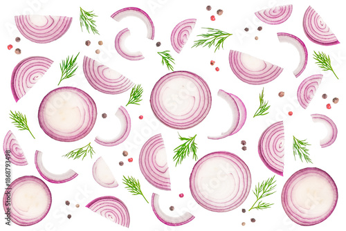 Seamless food pattern made of red onion slices, fresh dill and peppercorns isolated, top view culinary background for packaging, menu design, textile, wallpaper and