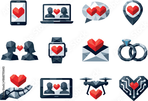 Tech Dating Icons. Professional low-poly vector icon collection representing technological dating and digital relationships using