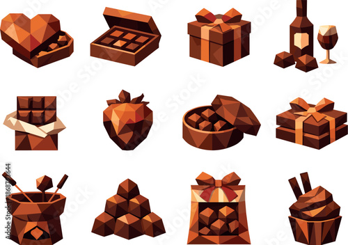 Chocolate Icon Grid. Low-poly vector icon set of chocolate gift sets rendered in sharp geometric polygonal style with faceted