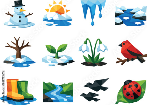 February Thaw Icons. Professional low-poly vector icon collection representing February thaw and the shift from winter to spring
