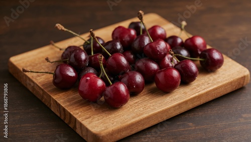 Fresh Cherries on Wooden Board Ready for Cooking or Snacking During Summer