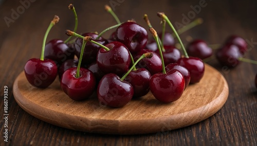 Fresh Cherries Stacked on a Wooden Board Ready for Use in Cooking or Snacks i...