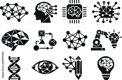 Low-Poly AI Icon Set. Professional low-poly vector icon collection representing neural network generation, artificial intelligence