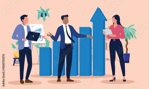 Three diverse business people in an office celebrating successful business growth and profit, with a large ascending bar chart, flat design vector illustration
