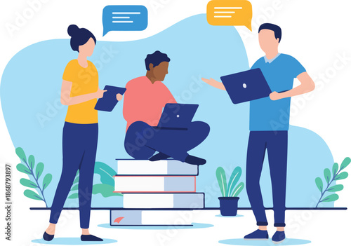 People doing research - Team of three casual businesspeople working together looking for information and discussing together with speech bubbles. Flat design vector illustration on white background.