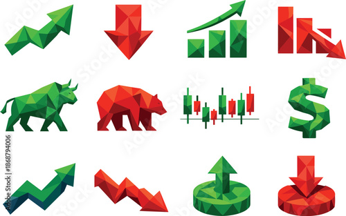 Stock Icon Grid. Modern low-poly vector illustration set showcasing stock prices, growth, and decline through crisp triangular