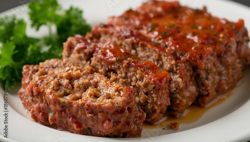 Meatloaf Served With Green Garnish on a White Plate