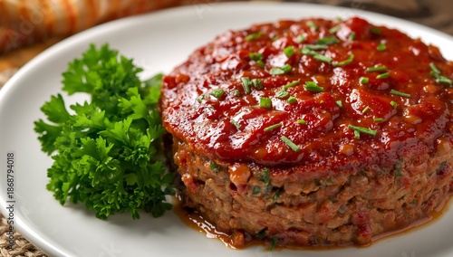 Meatloaf Served With Green Garnish on a White Plate