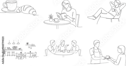 People enjoying coffee and leisure activities in various settings