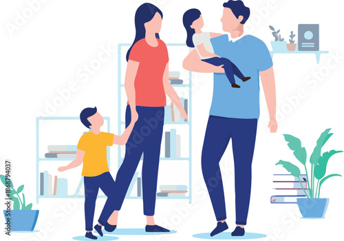 Parents with children - Casual family of mother, father, son and daughter standing together with kids indoors at home. Flat design vector illustration with white background