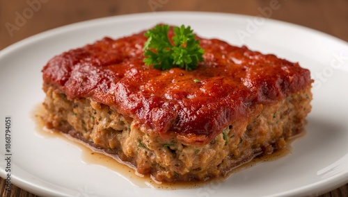 Meatloaf With Tomato Sauce Served on a White Plate With Garnish in a Simple D...