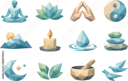 Low-Poly Meditation Icons. Meditation and relaxation concept visualized as a cohesive low-poly vector icon set built from serene