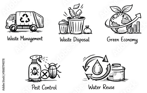 Hand drawn line art ecology icons set featuring waste management, waste disposal, green economy, pest control, and water reuse for environmental solutions