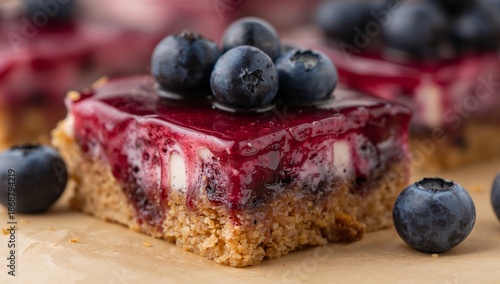 Berries on Dessert Squares at a Kitchen Table in Afternoon Light