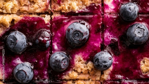 Blueberry Dessert Slices Displayed on a Table With Topping and Fruit at a Sum...