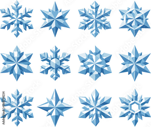 Snowflake Icon Collection. Snowflakes frozen on window glass illustrated as a cohesive low-poly vector icon set built from angular