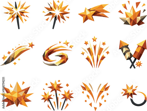Bengal Sparkler Icon Set. Low-poly polygonal vector icon set focused on bengal sparkler flames, festive light trails, and