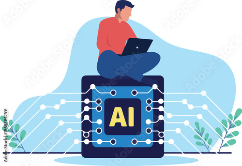 Using artificial intelligence on computer - Man person working on laptop with help from AI service or software, writing content or developer code. Flat design vector illustration on white background