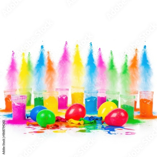 Colorful holi powder explosions with balloons and vibrant scattered pigments