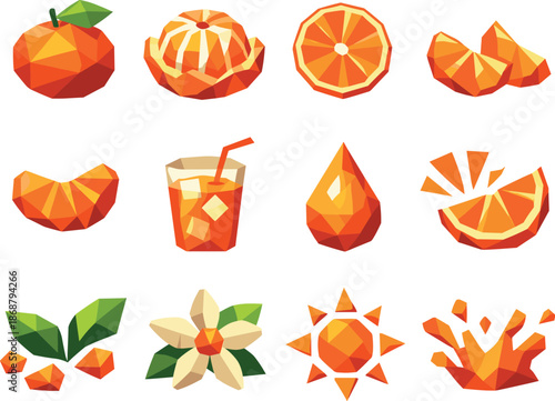 Citrus Geometric Icons. Fresh mandarin taste and citrus sensation illustrated as a low-poly vector icon set with sharp polygon