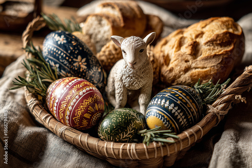 Easter Lamb Figurine in Traditional Basket Representing Polish Holiday Tradition