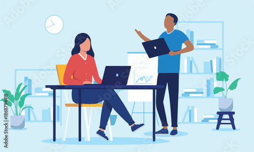 Two people in office working and smiling - Man and woman talking and having fun at work using laptop computers with positive attitude. Flat design vector illustration.